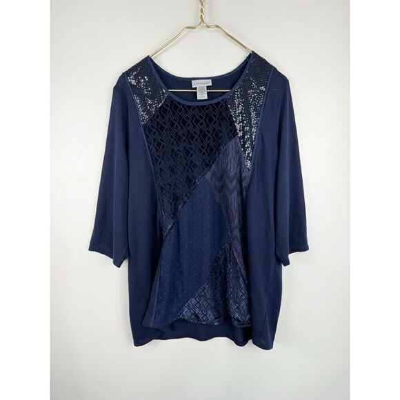 Catherines Sz 0X Navy Blue Sequin 3/4 Sleeve Artsy Stretchy Top - Picture 1 of 6
